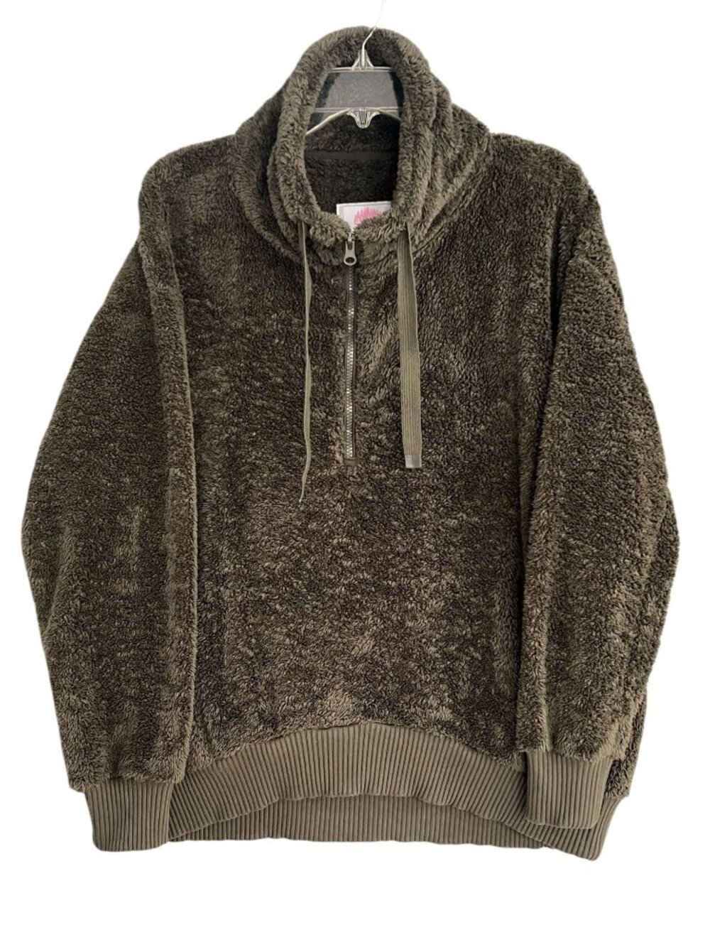 Vtg Members Mark Womens XL Cozy Faux Sherpa Pullover Olive Green Pockets 3/4 Zip - Picture 3 of 12